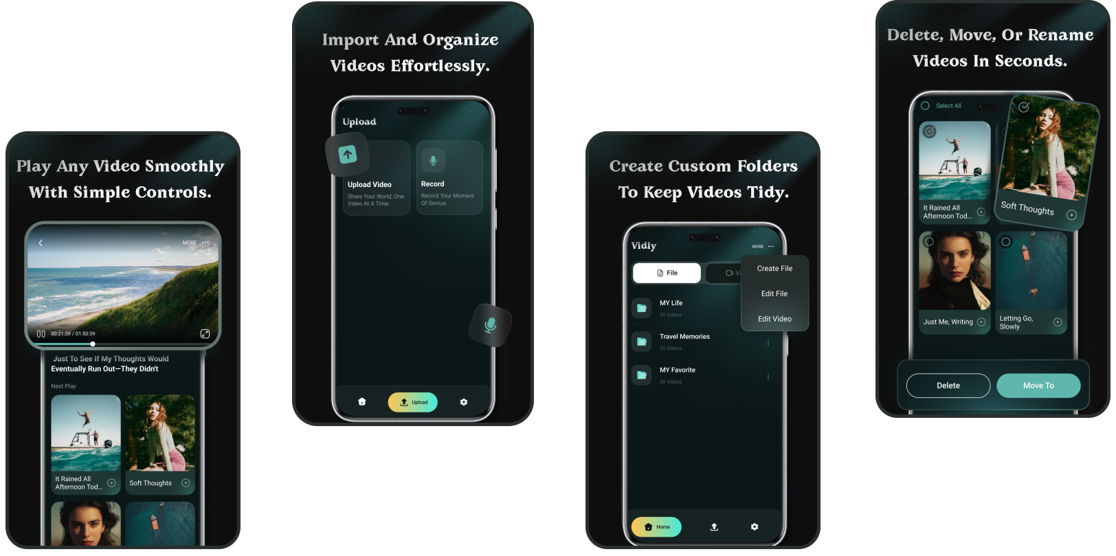 Vidlyy feature previews: play smoothly, import & organize, create custom folders, delete or rename quickly.